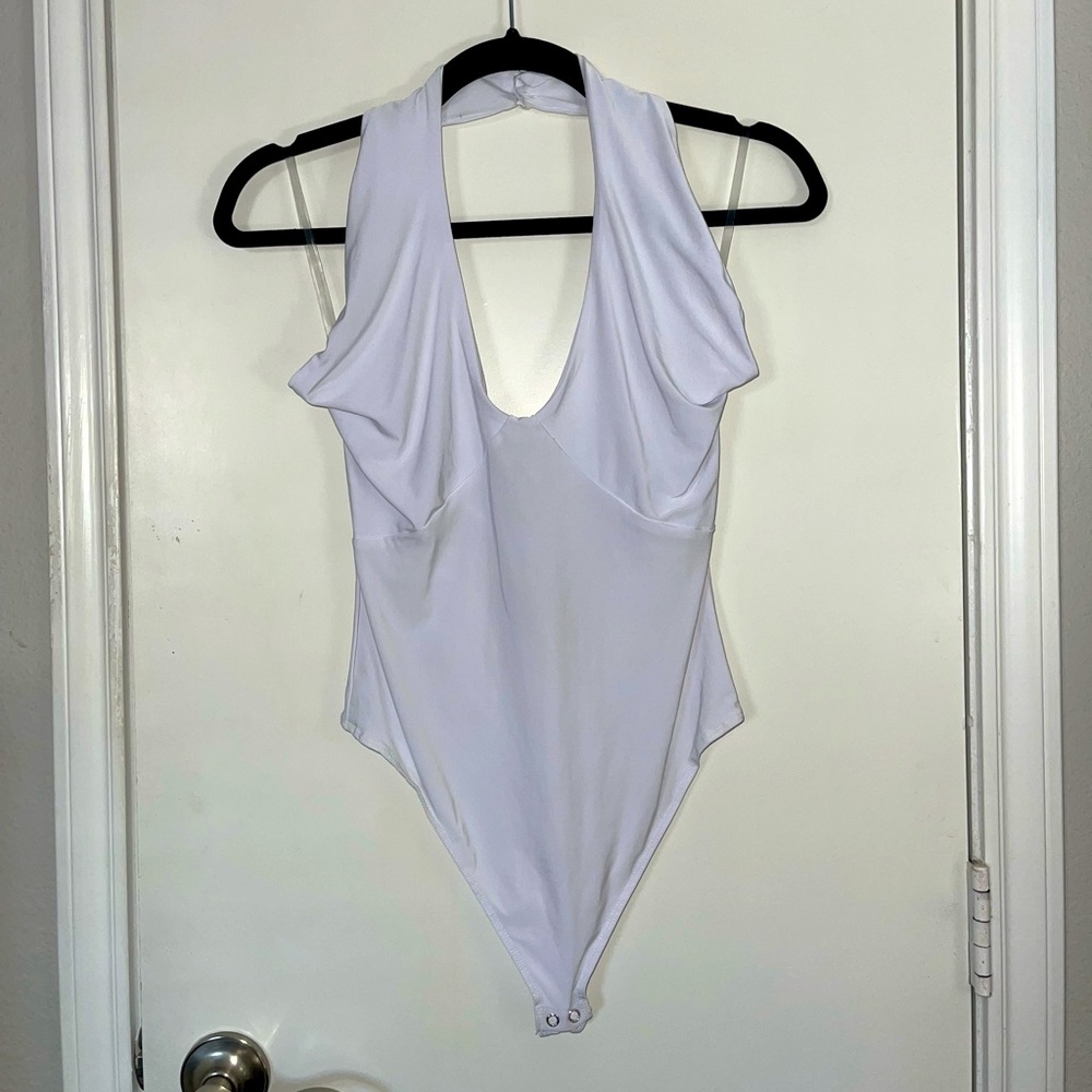 White halter bodysuit with pearl buttons